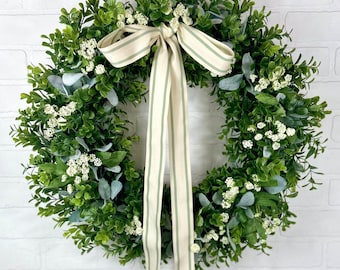 Summer Queen Annes Lace Wreath,Boxwood Greenery Wreath,Cottage Style Front Door Wreath,Modern Farmhouse Wall Decor,Summer Wedding Wreath