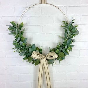 Spring Front Door Eucalyptus and Lambs Ear Wreath,Modern Farmhouse Door Decor,Minimalist Greenery Hoop Wreath,Simple Neutral Hoop Wall Decor image 2