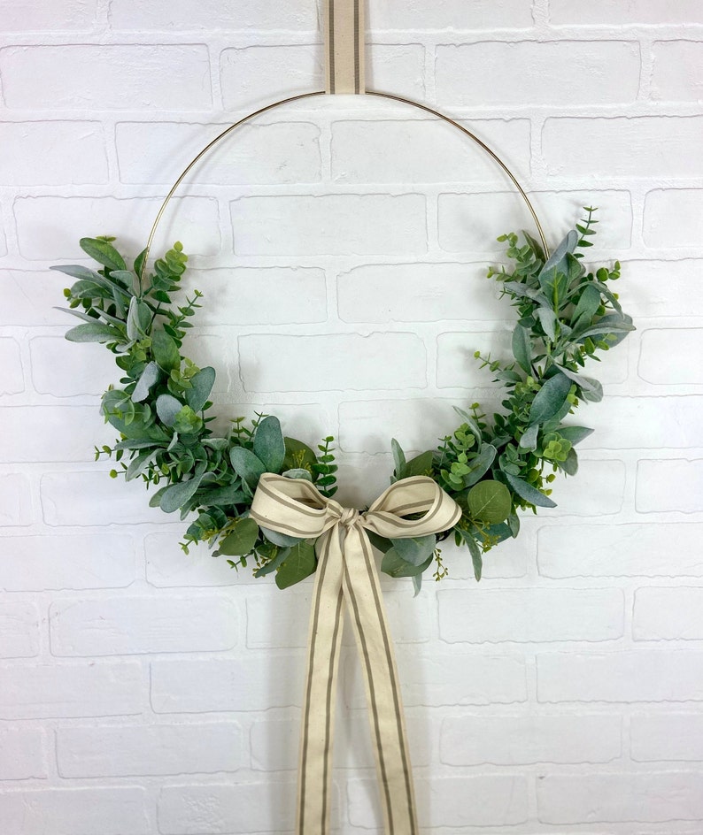 Spring Front Door Eucalyptus and Lambs Ear Wreath,Modern Farmhouse Door Decor,Minimalist Greenery Hoop Wreath,Simple Neutral Hoop Wall Decor image 2