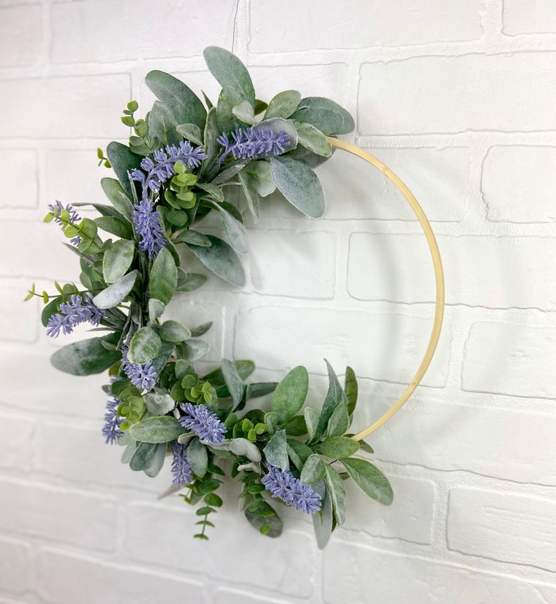 Lavender Hoop Wreath,Modern Summer Lavender Wreath,Spring Lambs Ear Wreath,Farmhouse Front Door Decor,Simple Eucalyptus Door Wreath,Mom Gift image 2