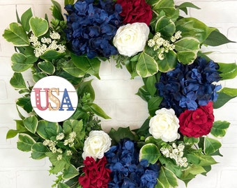 Elegant 4th of July Front Door Wreath,Patriotic Wreath,Red White Blue Hydrangea Wreath,Fourth of July Boxwood Wreath,Modern Americana Wreath