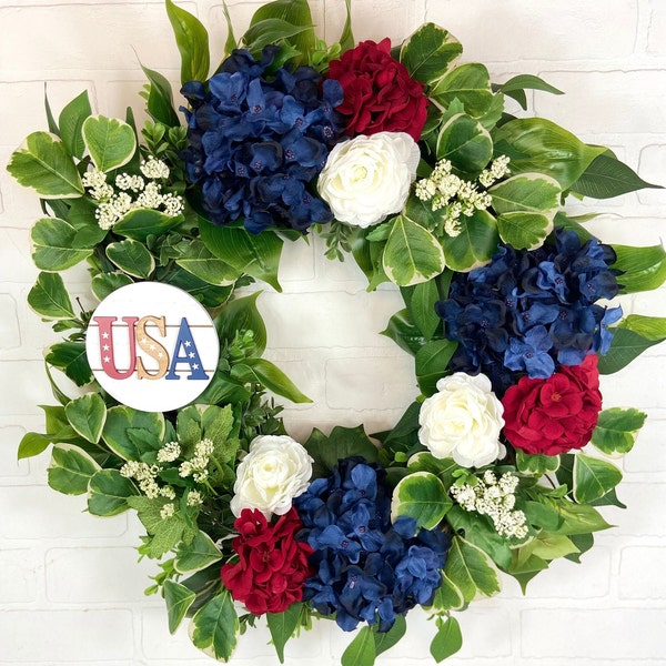 Elegant 4th of July Front Door Wreath,Patriotic Wreath,Red White Blue Hydrangea Wreath,Fourth of July Boxwood Wreath,Modern Americana Wreath
