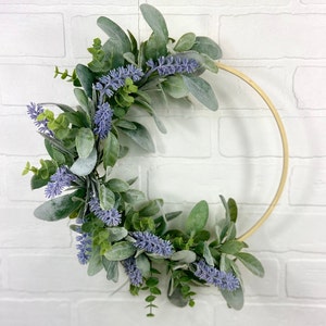 Lavender Hoop Wreath,Modern Summer Lavender Wreath,Spring Lambs Ear Wreath,Farmhouse Front Door Decor,Simple Eucalyptus Door Wreath,Mom Gift zdjęcie 6