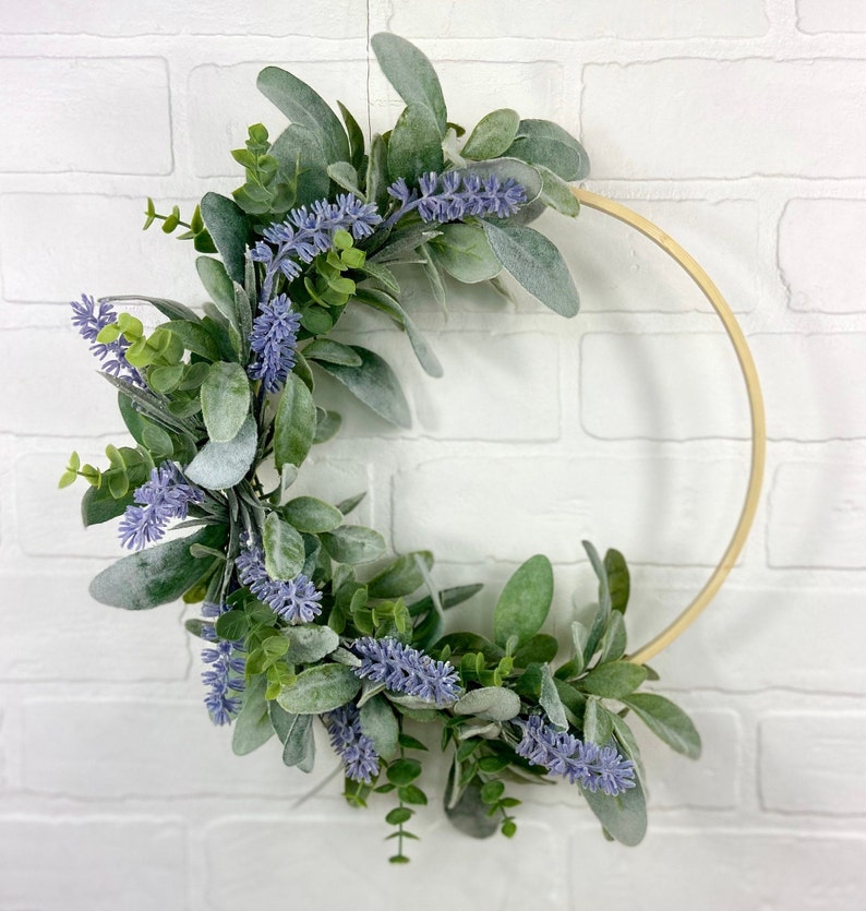 Lavender Hoop Wreath,Modern Summer Lavender Wreath,Spring Lambs Ear Wreath,Farmhouse Front Door Decor,Simple Eucalyptus Door Wreath,Mom Gift image 6