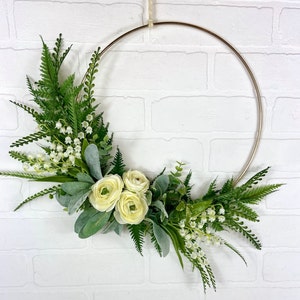 Modern Lily of The Valley Wreath,Floral Hoop Wreath,Neutral Door Wreath,Fern Greenery Hoop Wreath,Year Round Wreath,Ranunculus Hoop Wreath,