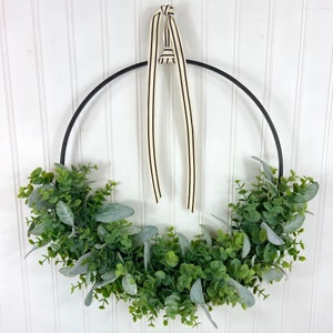 Modern Spring Eucalyptus Hoop Wreath,Minimalist Door Wreath,Modern Farmhouse Wall Decor,Neutral All Season Greenery Wreath,Boho Hoop Wreath Black /Stripe Ribbon