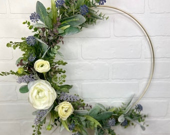 All Season Lavender Hoop Wreath,Modern Lavender Door Wreath,Ranunculus Wreath,Farmhouse Floral Hoop,Minimalist Eucalyptus Door Wreath