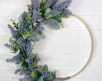 Summer Lavender Hoop Wreath,Modern Artificial Lavender Wreath,Minimalist Farmhouse Summer Door Decor,Faux Lavender Decoration,Fake Lavender