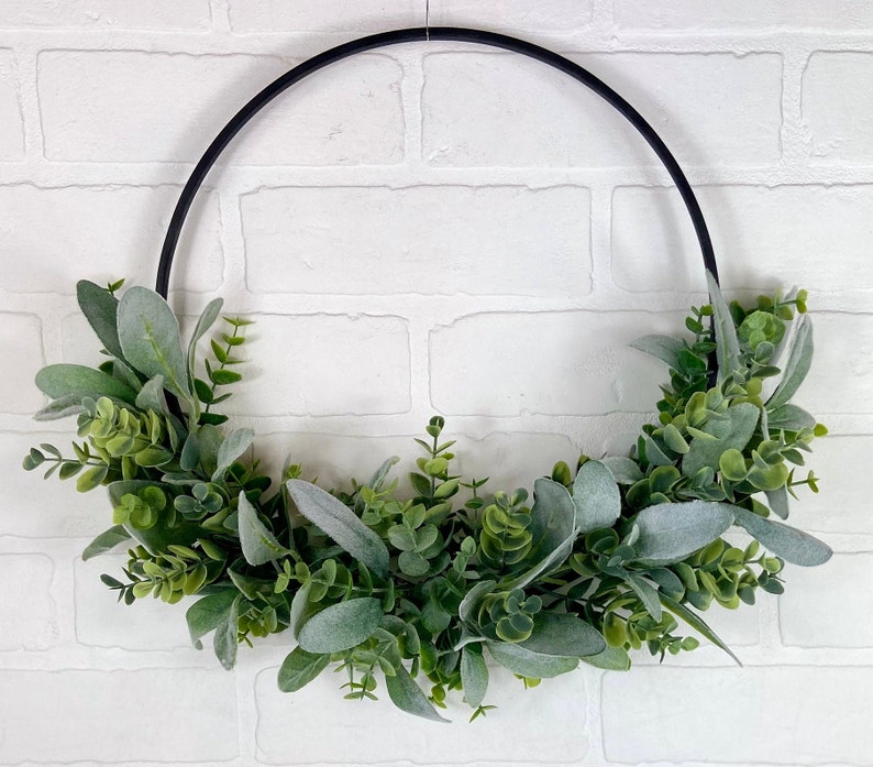 Modern Spring Eucalyptus Hoop Wreath,Minimalist Door Wreath,Modern Farmhouse Wall Decor,Neutral All Season Greenery Wreath,Boho Hoop Wreath image 5