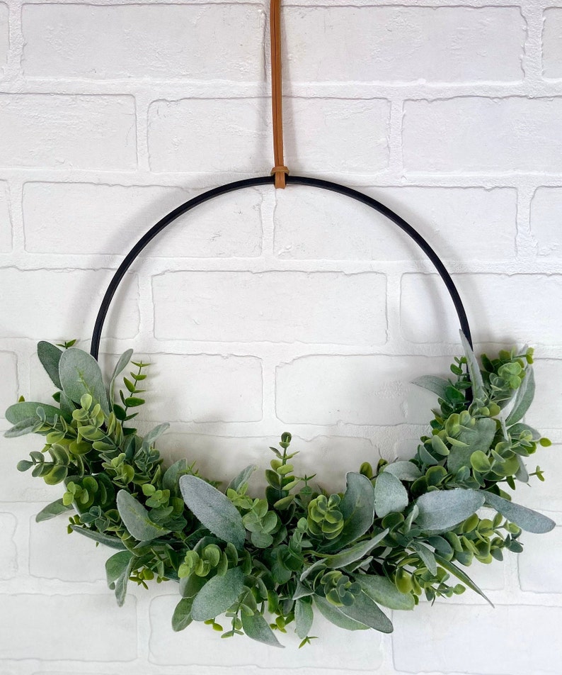 Modern Spring Eucalyptus Hoop Wreath,Minimalist Door Wreath,Modern Farmhouse Wall Decor,Neutral All Season Greenery Wreath,Boho Hoop Wreath image 9
