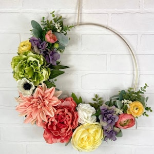 Modern Summer Peony Wreath,Spring Door Hoop Wreath,Spring Boho Wreath,Eucalyptus Anemone Ranunculus,Minimalist Spring Garden Floral Wreath