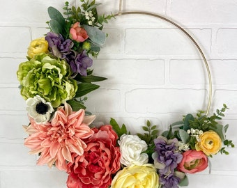 Modern Summer Peony Wreath,Spring Door Hoop Wreath,Spring Boho Wreath,Eucalyptus Anemone Ranunculus,Minimalist Spring Garden Floral Wreath