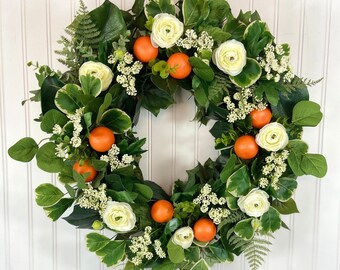 Spring Orange Magnolia Wreath,Queen Annes Lace Wreath,All Season Fern Wreath,Summer Orange Front Door Wreath,Italian Style Ivy Wreath