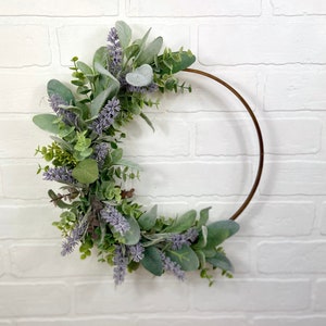Lavender Hoop Wreath,Modern Summer Lavender Wreath,Spring Lambs Ear Wreath,Farmhouse Front Door Decor,Simple Eucalyptus Door Wreath,Mom Gift zdjęcie 5