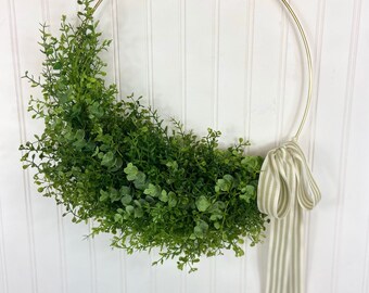 Modern Fern Hoop Wreath,Minimalist Spring Front Door Wreath,Summer Greenery Grass Wreath,Neutral Mixed Greens Wreath,Asymmetrical Wreath
