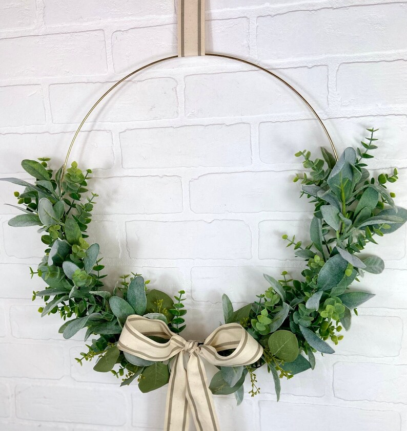 Spring Front Door Eucalyptus and Lambs Ear Wreath,Modern Farmhouse Door Decor,Minimalist Greenery Hoop Wreath,Simple Neutral Hoop Wall Decor image 6