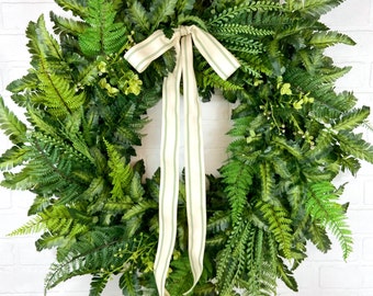 Neutral Fern Wreath,Greenery Grass Front Door Wreath,Large Everyday Spring Fern Wreath,Faux Fern Cottage Wreath,Modern Farmhouse Door Decor,