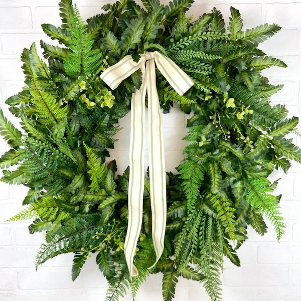 Neutral Fern Wreath,Greenery Grass Front Door Wreath,Large Everyday Spring Fern Wreath,Faux Fern Cottage Wreath,Modern Farmhouse Door Decor,