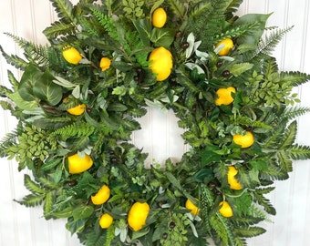 Spring Lemon Wreath,Large Olive Branch Wreath,All Season Fern Wreath,Large Lemon and Olive Front Door Wreath,Italian Style Wreath,Ivy Wreath