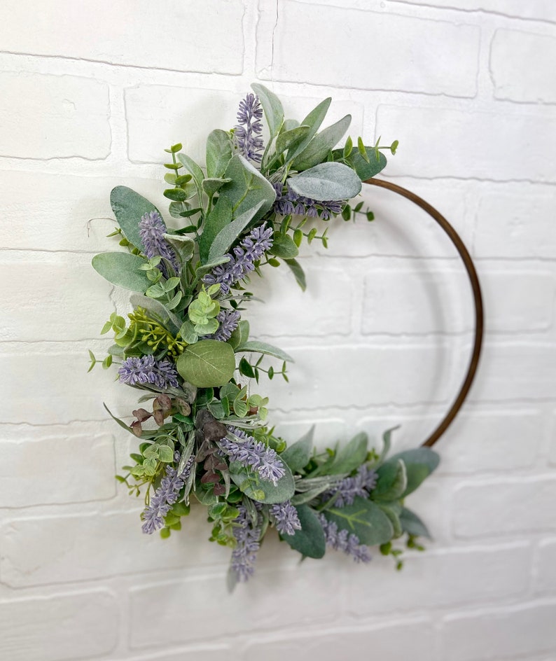 Lavender Hoop Wreath,Modern Summer Lavender Wreath,Spring Lambs Ear Wreath,Farmhouse Front Door Decor,Simple Eucalyptus Door Wreath,Mom Gift image 10