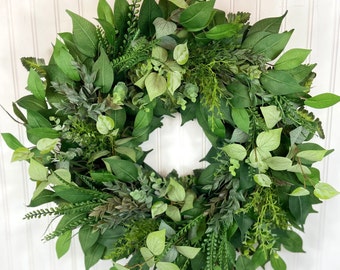 Spring Greenery Wreath,Green Grass Front Door Wreath,Large Summer Fern Wreath,All Season Cottage Wreath,Modern Mixed Greens Door Decor