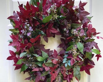 Fall Mixed Foliage Wreath,Fall  Eucalyptus Wreath for Front Door,Colorful Autumn Leaves Wreath,Modern Farmhouse Fall Door Decor, Burgundy