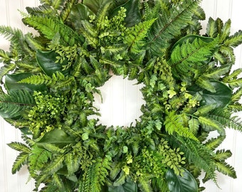 Spring Magnolia Wreath,Large Fern Front Door Wreath,Spring Mixed Greenery Wreath,Faux Fern Cottage Wreath,Modern Farmhouse Summer Decor,