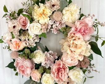 Corona de hortensias de primavera, corona de puerta de peonía romántica, corona de flores rosas de verano moderna, corona floral estilo jardín, ranunculus, regalo del día de las madres