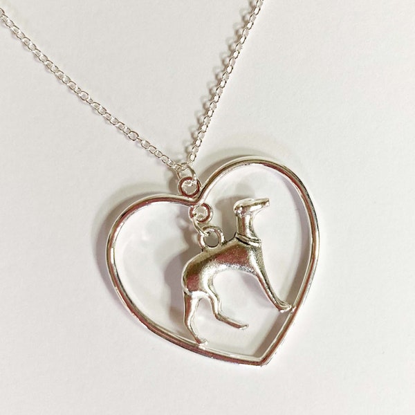 Whippet Italian greyhound lurcher sighthound hound necklace, sterling 925 silver plated, heart love, gift idea gift box