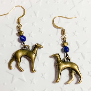 Whippet Italian greyhound lurcher sighthound earrings, antique vintage brass, natural lapis lazuli blue gemstones, love heart, gift idea
