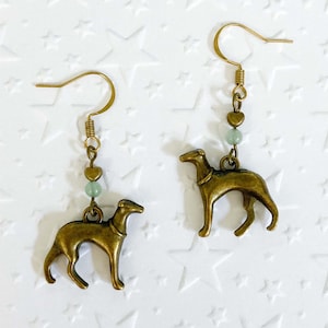 Whippet Italian greyhound lurcher sighthound earrings, antique vintage brass, natural jade green gemstones, love heart, gift idea