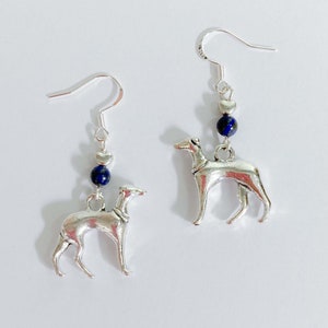 Whippet Italian greyhound lurcher sighthound earrings, 925 sterling silver, stainless steel lapis lazuli blue gemstones love heart gift idea