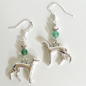Whippet Italian greyhound lurcher sighthound earrings, 925 sterling silver, stainless steel, jade gemstones, love heart, gift idea