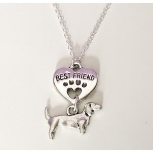 Dachshund sausage dog necklace, sterling silver plated, best friend, heart love, paw print, gift idea