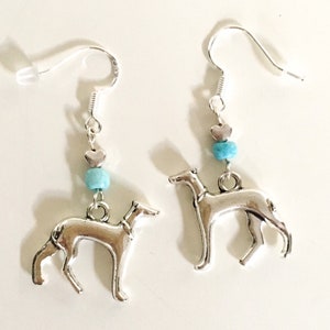 Whippet Italian greyhound lurcher sighthound earrings, 925 sterling silver, stainless steel natural turquoise gemstones love heart gift idea