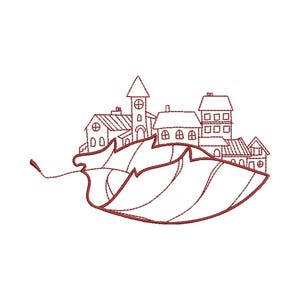 May include: A red line drawing of a small village nestled in a leaf. The village has a church with a steeple, several houses, and a winding road.