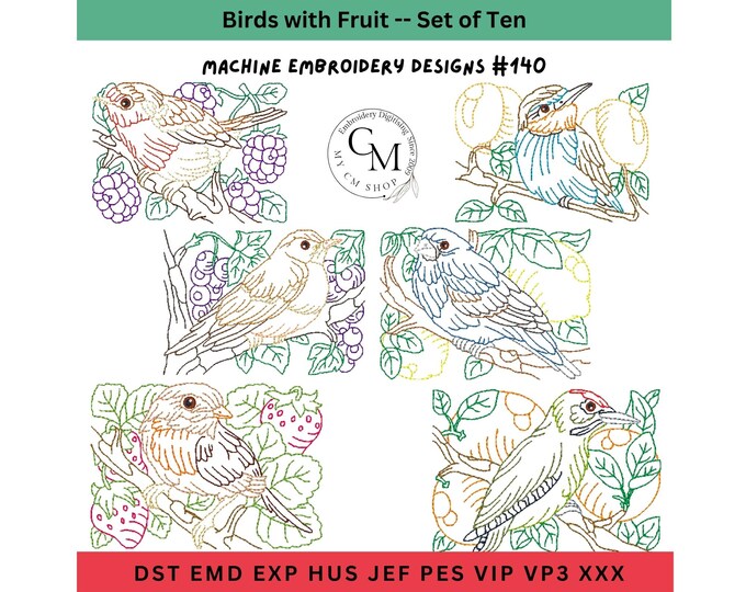 Bird With Fruit, Embroidery Design, Set of 10 for Machine Embroidery