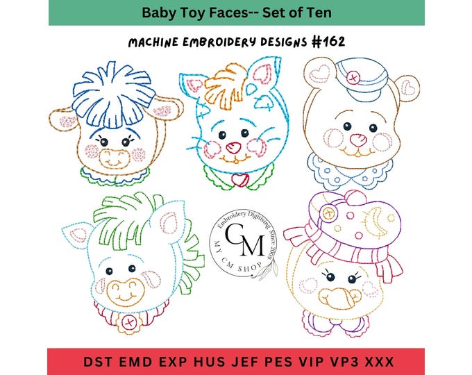 Baby Toy Faces Line art, Embroidery Designs, Set of 10 for Machine Embroidery