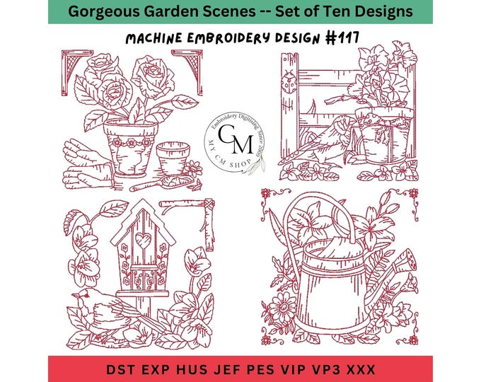 Gorgeous Garden Scenes Embroidery Designs, Set of 10 Redwork Embroidery, Embroidery Machine Files