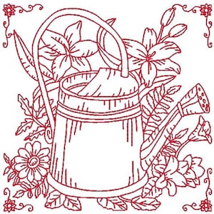 May include: A red line drawing of a watering can with a handle and spout surrounded by flowers and leaves.