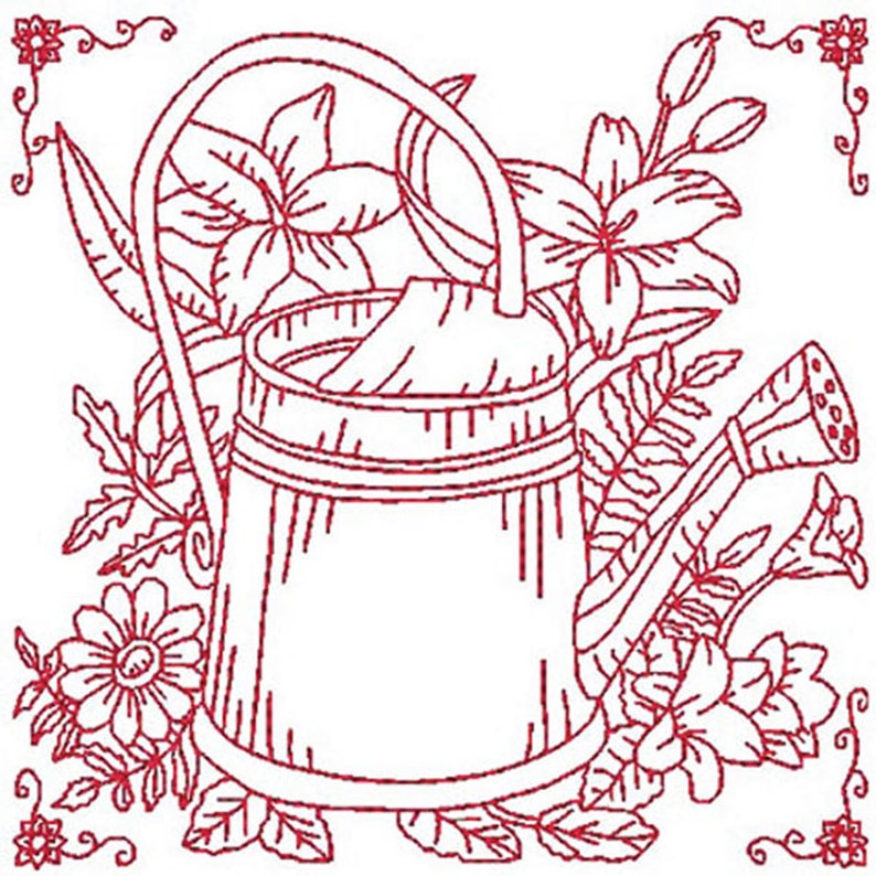 Garden Scenes Embroidery Designs Redwork Embroidery Etsy