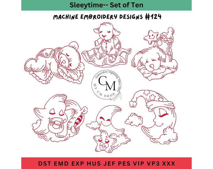 Sleepytime Collection Embroidery Designs, Set of 10, Redwork Embroidery, Machine Embroidery, Nursery Designs