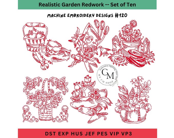 Realistic Garden Embroidery Designs, Set of 10 Redwork Embroidery for Machines, Machine Embroidery Designs
