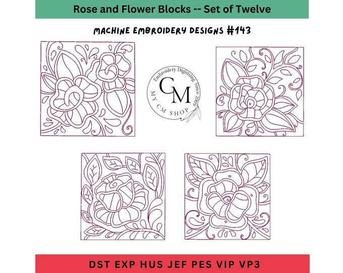 Roses Flower Blocks Embroidery Designs, set of 12, Quilt Embroidery, Machine Embroidery