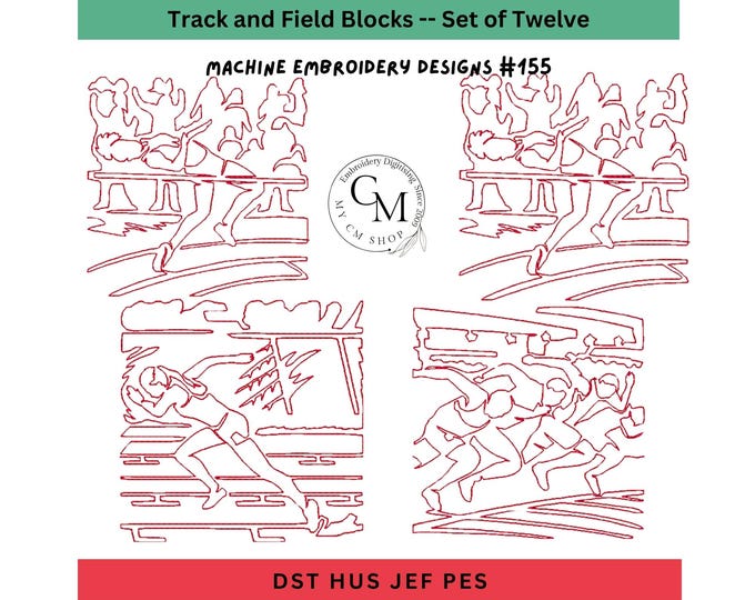 Track and Field, Embroidery Designs, Set of 12, Redwork,