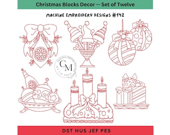 Christmas Redwork Machine Embroidery Designs - Holiday Blocks (5x7, 8x8) (Digital Download)