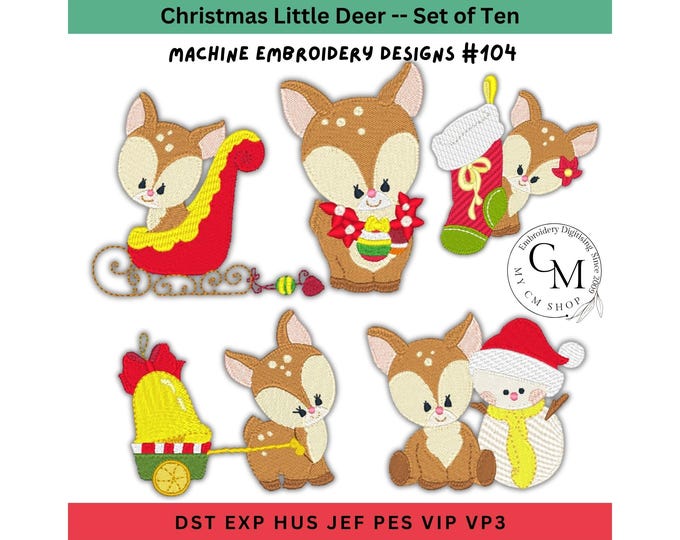 Christmas Little Deer, Machine Embroidery Designs, Set of Ten