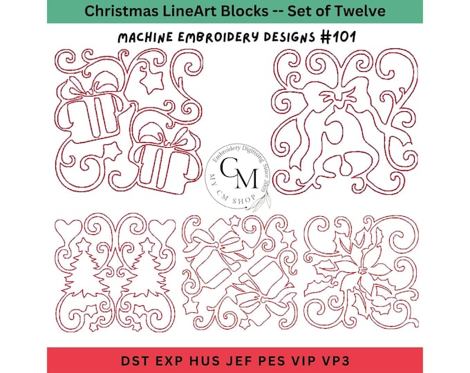 Christmas Line Art Embroidery Design, Set of 10 Blocks, Machine Embroidery