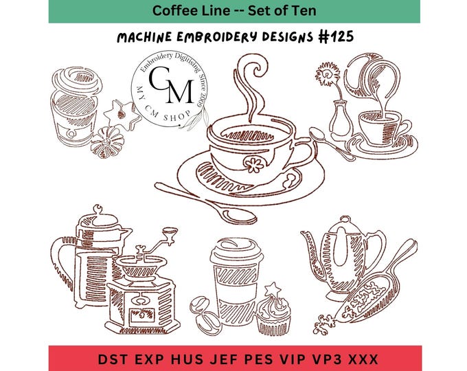 Coffee Line Art -- Machine Embroidery Designs -- Set of Ten
