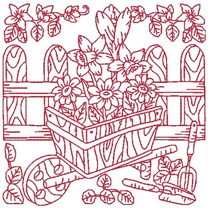 Garden Scenes Embroidery Designs Redwork Embroidery Etsy